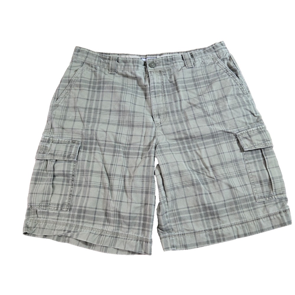 Izod Shorts Mens 100% Cotton Plaid Cargo Green‎ Preppy Beachy 10" Inseam Size 36